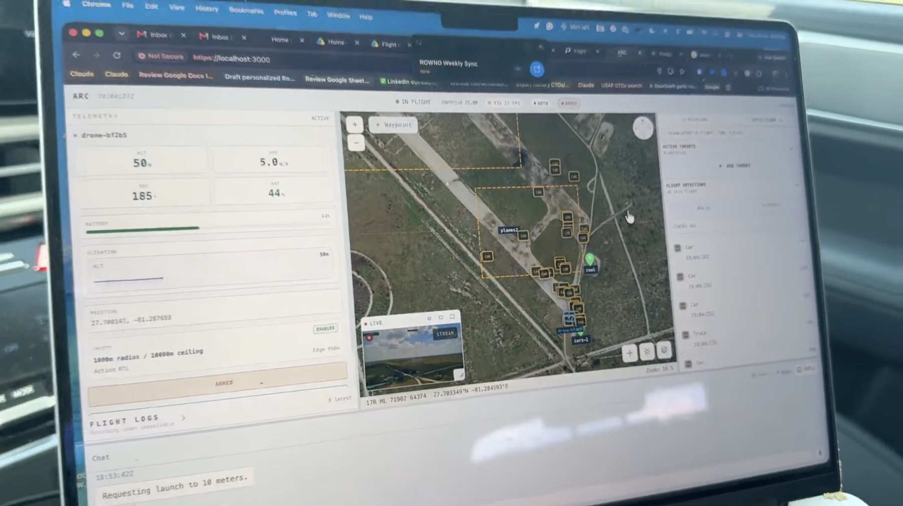 Arc operator console showing live map, detections, telemetry, and flight controls